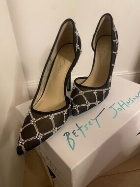 Betsey Johnson Black Crystal Grid Pointed Toe Pumps